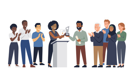 Fototapeta premium Diverse group of people celebrating an award ceremony with a woman presenting a trophy and certificate to a man