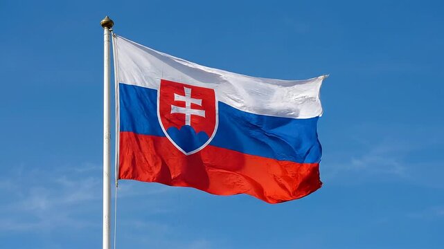 Slovak flag waving proudly against a clear blue sky on a sunny day