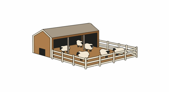 A simplified, isometric illustration shows a brown barn with a gray roof and six woolly sheep enclosed in a wooden fence