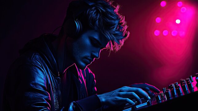 Musician intently manipulates sound equipment controls under dramatic lighting