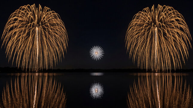 Symmetrical Golden Willow Fireworks and Central Silver Starburst Reflection &ndash; 5K Minimalist Event Night Photo