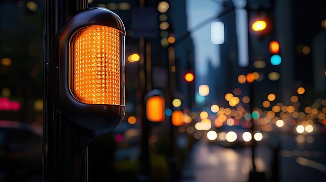 Illuminated amber pedestrian signal glows brightly against a blurred nighttime city backdrop