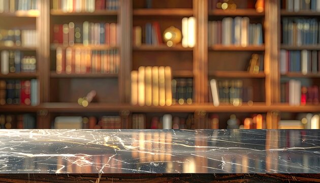 Elegant marble table with blurred bookshelf background in a library