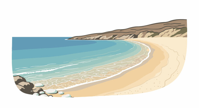 A serene coastal scene with gentle waves lapping a sandy shore beneath rolling hills