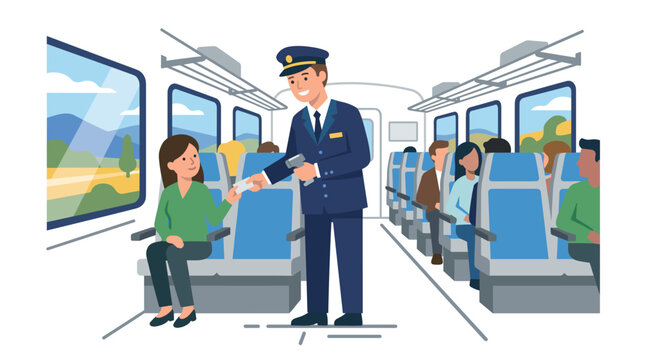 Train conductor checking tickets from passengers inside a modern train carriage with blue seats and large windows showing scenic landscapes