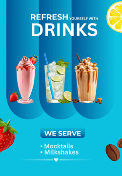 Summer Drinks Menu Poster - Strawberry Milkshake, Mojito, Caramel Frappe