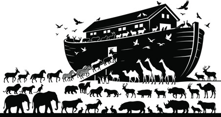 Noah ark silhouette with pairs of wild and domestic animals boarding the wooden ship isolated on white background © Maya