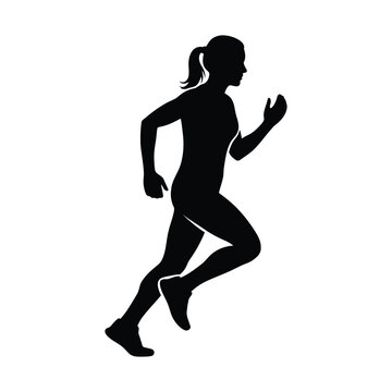 Running woman silhouette vector, female athlete jogging icon, black profile of girl sprinter for sports logo design