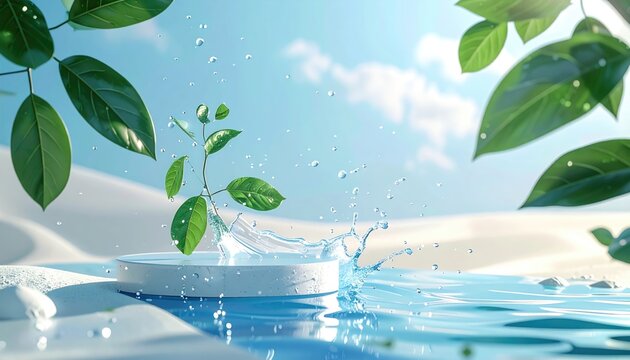 Young Plant Growing in Water with Splash and Green Leaves