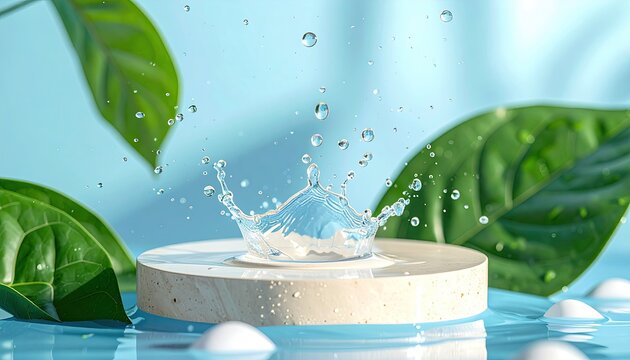 Fresh Water Splash with Green Leaves on a Modern Platform