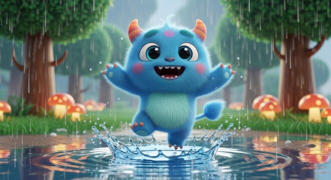 Cute blue monster joyfully jumps in puddle during forest rain