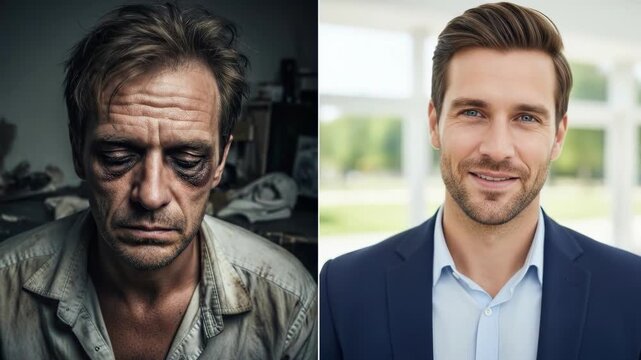 Consequences of drug and alcohol abuse, visible on a person's face, contrasting sharply with the bright, healthy appearance of a vibrant individual leading a wellness lifestyle,