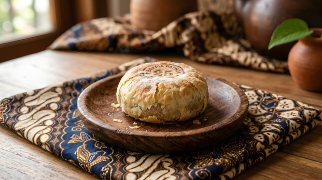 Traditional golden brown bakpia pathok pastry served on a dark wooden plate with rustic Indonesian batik fabric background setting photography