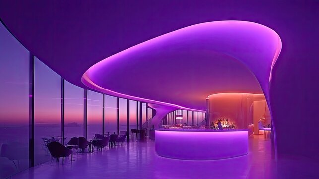 Modern interior design features a sweeping curved ceiling and illuminated bar bathed in violet light overlooking a sunset vista