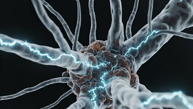 Brain tissue under stress during reduced circulation, weak electrical pulses flickering through transparent neural pathways