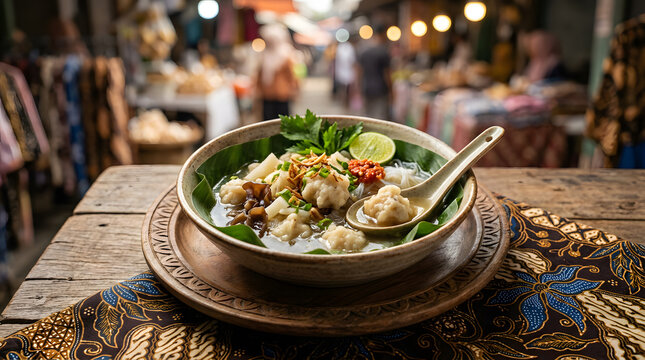 Traditional indonesian bakso soup served in a rustic ceramic bowl with lime and fresh herbs on a wooden batik table