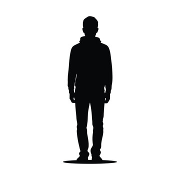 Black silhouette of a man standing, male person in hoodie vector icon, full body human figure on white background