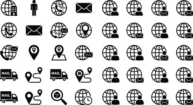 Global logistics and delivery vector glyph icon set featuring mail trucks international shipping envelope tracking and contact symbols