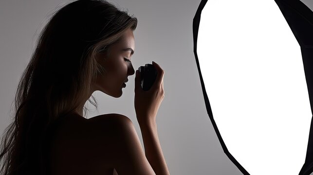 Woman in profile focuses intently on a dark object held near her face beside a bright light modifier