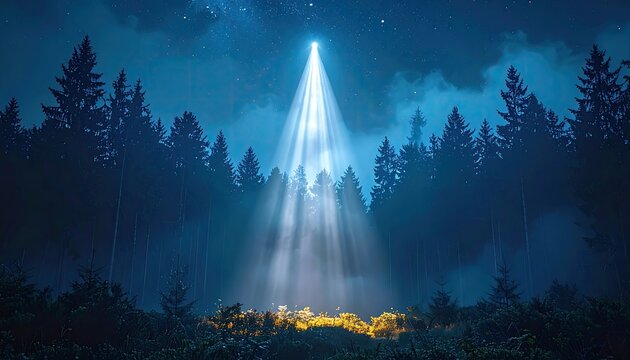 Mysterious Forest Scene Illuminated by a Beam of Light at Night
