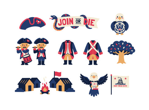 American Revolution Flat Design Vector Set. Patriotic Minutemen, Bald Eagle, Gadsden Flag, 'Join or Die' Snake, Uniforms, Camp. Education, 4th of July, History.