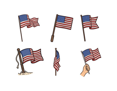 Hand-Drawn American Flags Set. Patriotic USA National Banners Waving, on Poles, Held by Hand. Vintage Sketch Style Isolated for 4th of July, Election, Freedom.
