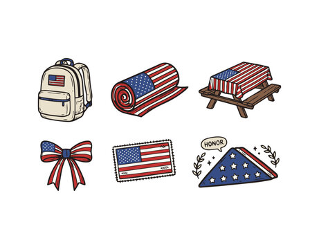 Hand-Drawn American Flags Vector Set. Patriotic USA National Banners Waving, on Poles, Held by Hand. Vintage Sketch Style Isolated for 4th of July, Election, Freedom.