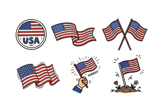 Patriotic Hand-drawn USA Flag Vector Illustrations Set: Waving, Crossed, Emblem, Hand-held, Planted Designs. Ideal for Independence Day, National Holidays, Elections.