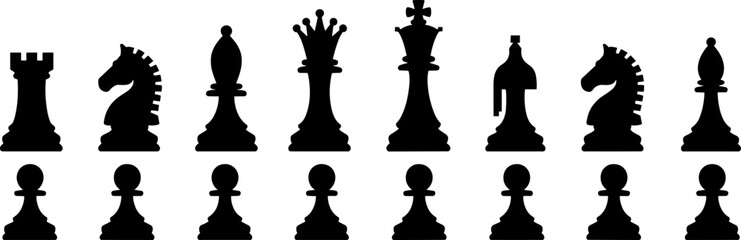 Black Silhouettes of Chess Pieces in Two Rows on White Background Keywords: chess, game, strategy, board game, pieces, king, queen, rook © MdMirajul