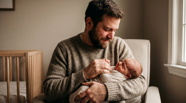 Happy parenting moments with kids as father holds newborn baby