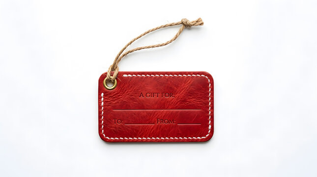Red leather gift tag with cord isolated on white background holiday present label mockup