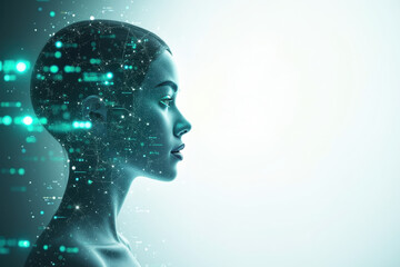 Obraz premium Futuristic AI Woman Profile with Digital Brain Network Overlay