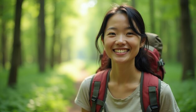 Asian woman with backpack smiles in forest. Person walks on trail through green trees. Happy hiker enjoys outdoor adventure and nature exploration.