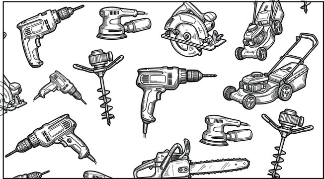 Seamless pattern of hand drawn power tools sketch including drill sander saw lawn mower and chainsaw