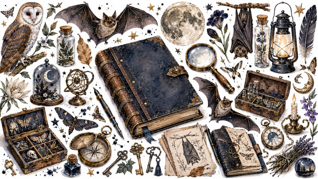 Nocturnal Naturalist Society Watercolor Clipart Collection with Bats, Owl, Moon Journal, Moths, and Vintage Nature Study Elements