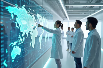 Fototapeta premium Team of Scientists Analyzing World Map on Digital Screen