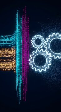 Abstract binary code streams and glowing gear icons