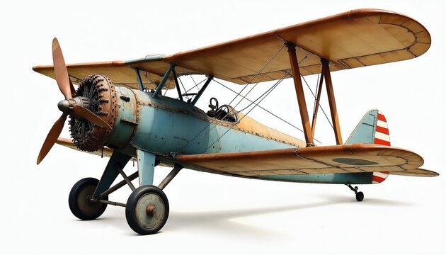 Old biplane airplane with wooden propellers sits on white background. Vintage aircraft has two wings and open cockpit. Retro transport, aviation history.