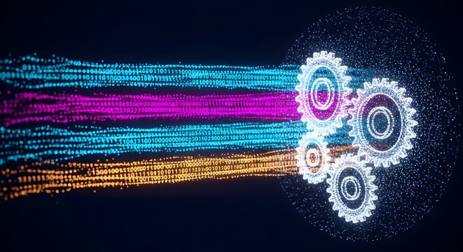Binary data streams flowing into digital gears
