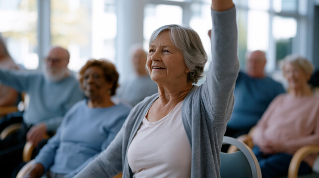 Group dynamic of elderly residents in seated exercise class at community center, instructor demonstrating resistance band arm movement from front, participants following in semicircle of chairs, nat