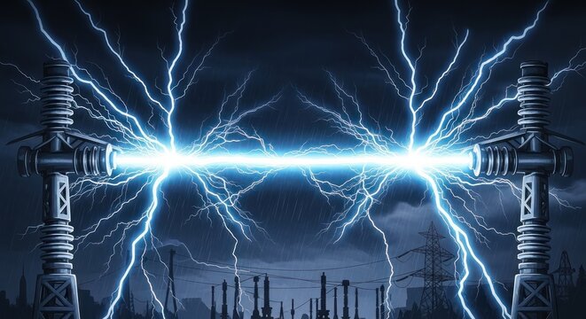 Intense electrical discharge between power towers under stormy sky