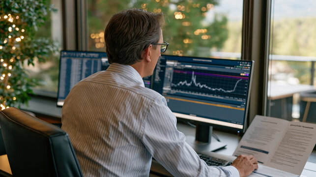 Over the shoulder view of a compliance officer reviewing a central bank digital currency transaction audit log on dual monitors, a printed regulatory framework document open beside the keyboard, a q