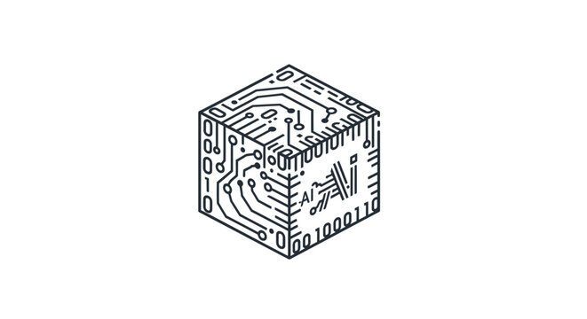 A digital cube featuring intricate circuit board patterns and binary code