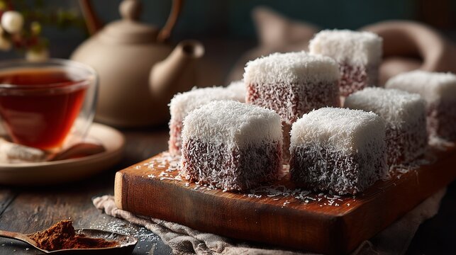 Lamington cake squares arranged on serving tray in cozy kitchen atmosphere, warm tones, traditional Australian dessert, inviting food photography.