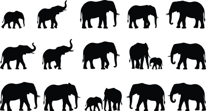 Black and white of a herd of elephants in various poses animal silhouettes simple shapes