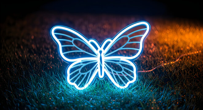 Glowing Blue Butterfly Neon Light Effect on Dark Background Abstract Art