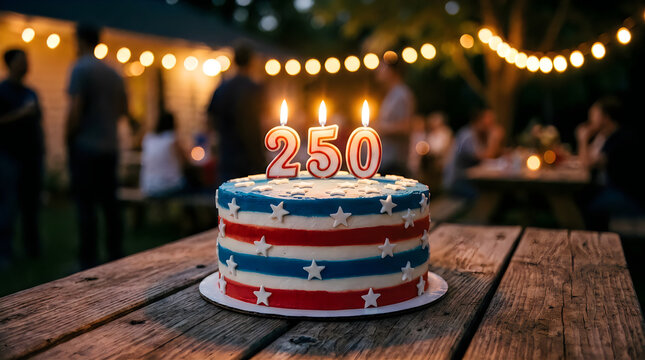 Patriotic 250th anniversary cake with burning candles, American flag themed birthday cake on wooden table, Semiquincentennial celebration at night