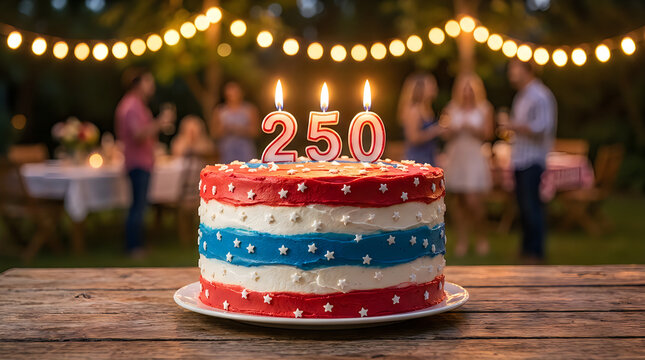 Patriotic 250th anniversary cake with burning candles, red white and blue frosted birthday cake, celebratory outdoor garden party background