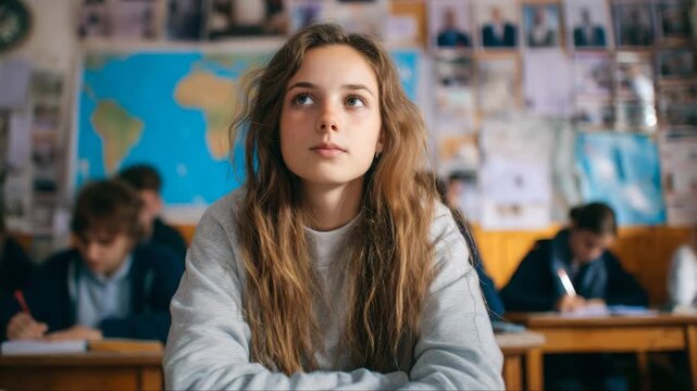 Young Caucasian female student with long hair sits at a desk in a classroom, gradually closing her eyes while classmates work on assignments in the background