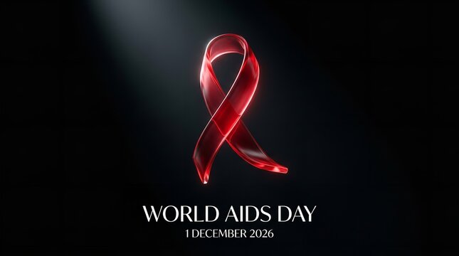 A translucent red awareness ribbon floats elegantly against a deep black background to commemorate world aids day with a soft glowing light and professional aesthetic